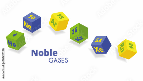  Noble gases. Vector color 3d illustration. Helium, neon, argon, krypton, xenon, radon. Chemical elements in the form of blue, green and yellow cubes. periodic table.