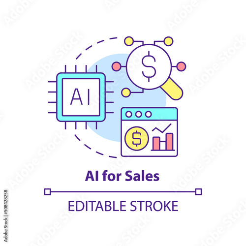 AI for sales concept icon. Selling trend abstract idea thin line illustration. Machine learning. Increasing revenue. Isolated outline drawing. Editable stroke. Arial, Myriad Pro-Bold fonts used