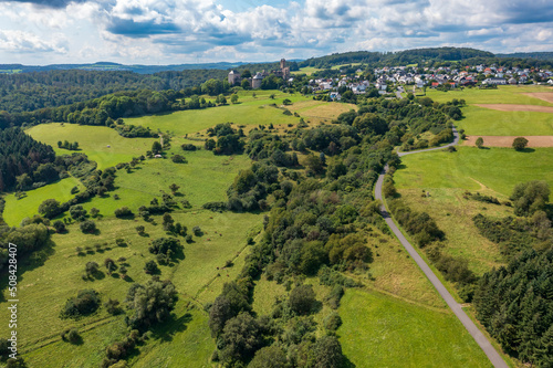 Bird's-eye view of the Greifenstein castle ruins in the Westerwald in Hesse/Germany photo