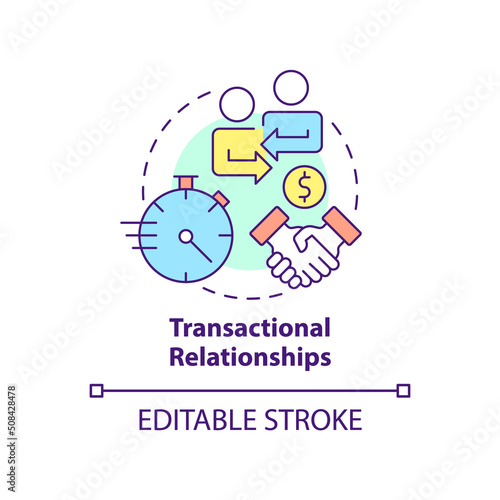 Transactional relationships concept icon. Buyer-seller interaction abstract idea thin line illustration. Business deal. Isolated outline drawing. Editable stroke. Arial, Myriad Pro-Bold fonts used