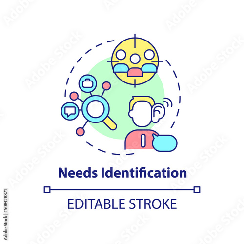 Needs identification concept icon. Sales process abstract idea thin line illustration. Customer wants analysis. Isolated outline drawing. Editable stroke. Arial, Myriad Pro-Bold fonts used