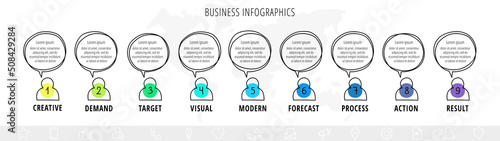 Hand-drawn timeline visualization with nine steps and people icon. Business vector infographics with 9 circles for diagram, flowchart, banner, presentations, web, content, levels, chart, graphic