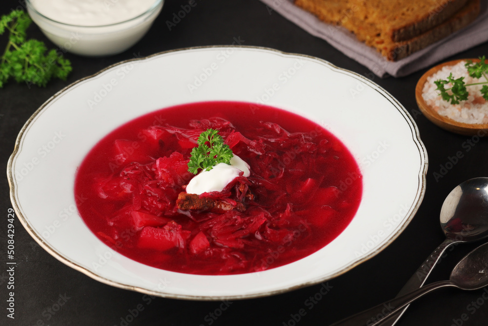 A plate with Ukrainian national dish - borsch A plate with Ukrainian national dish - borsch