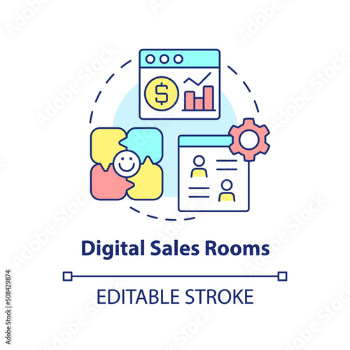 Digital sales rooms concept icon. Selling tool abstract idea thin line illustration. Virtual channels for content sharing. Isolated outline drawing. Editable stroke. Arial, Myriad Pro-Bold fonts used