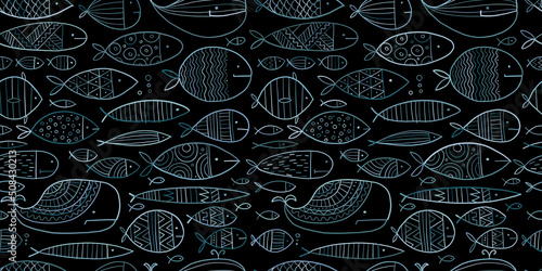 Funny fishes collection, ethnic ornament. Childish style. Seamless pattern fo...