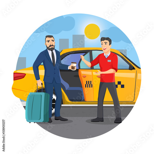 Happy male getting into a cab. Businessman entering a taxi on city street.