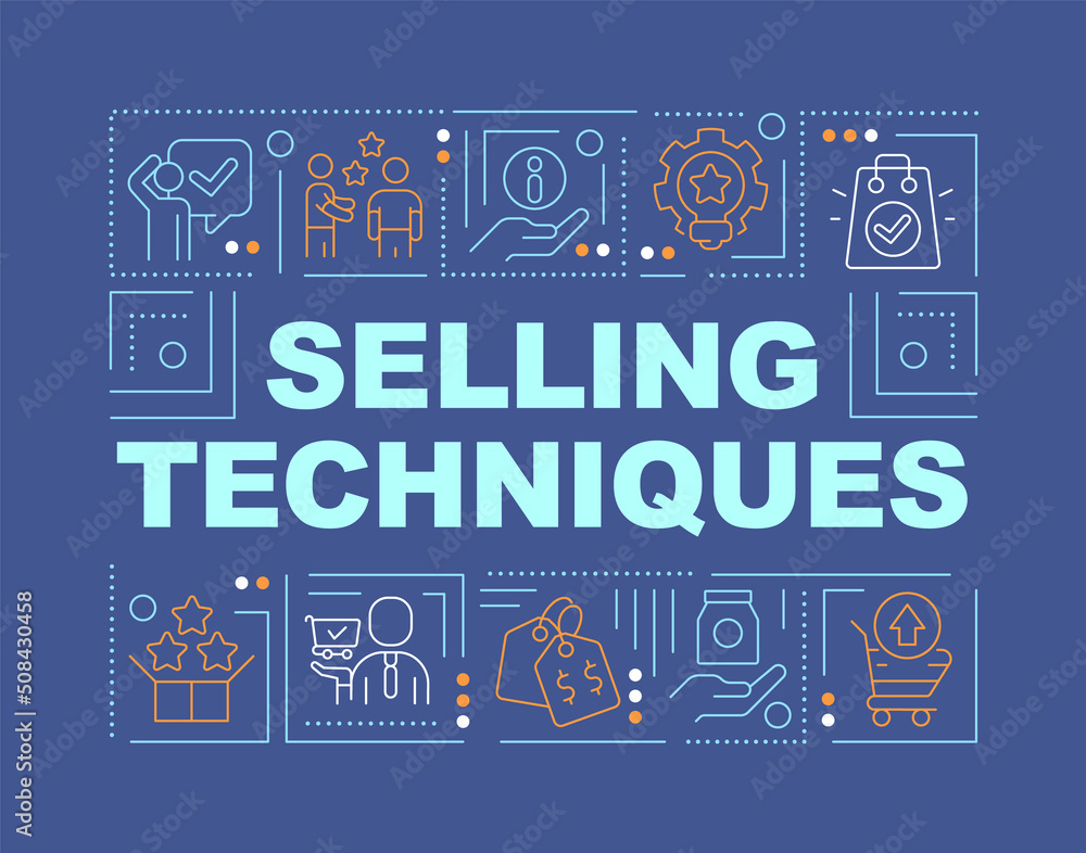 Selling techniques word concepts dark blue banner. Methodology. Infographics with editable icons on color background. Isolated typography. Vector illustration with text. Arial-Black font used