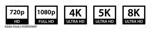 Video Resolution Icon. Screen monitor resolution icon. 720, 1080, 4k, 5k, 8k, Hd, full hd, ultra hd icon, vector illustration