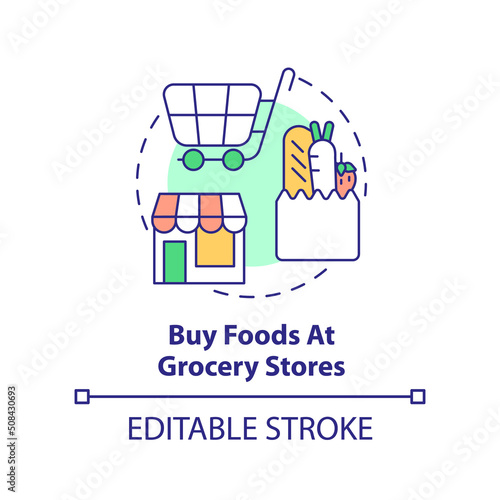 Buy foods at grocery stores concept icon. Road trip recommendation abstract idea thin line illustration. Isolated outline drawing. Editable stroke. Arial, Myriad Pro-Bold fonts used