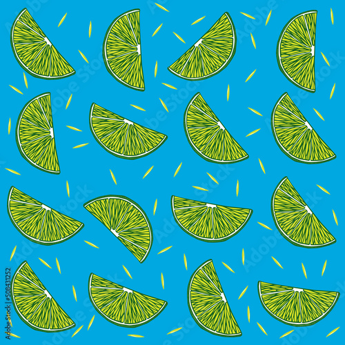 Simple pattern with lime slice on blue background. Geometric pop art funny print with citrus.
