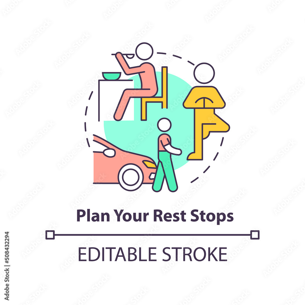 Plan your rest stops concept icon. Take a break from driving. Road trip tip abstract idea thin line illustration. Isolated outline drawing. Editable stroke. Arial, Myriad Pro-Bold fonts used