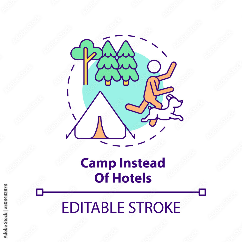 Fototapeta premium Camp instead of hotels concept icon. Campground. Road trip with pets advice abstract idea thin line illustration. Isolated outline drawing. Editable stroke. Arial, Myriad Pro-Bold fonts used