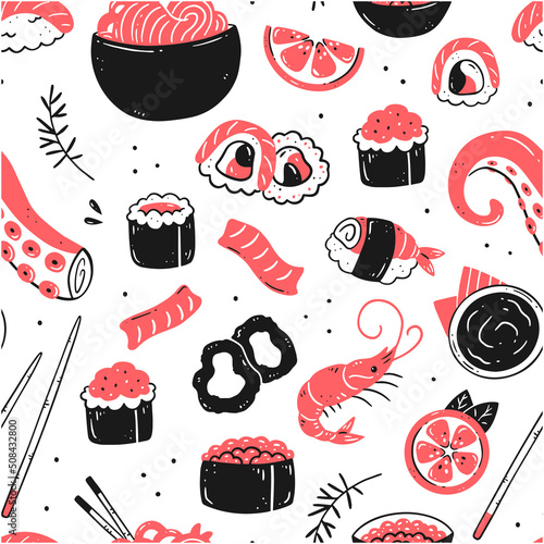 Seamless pattern with Japanese sushi food on a white background. Vector food illustration background.