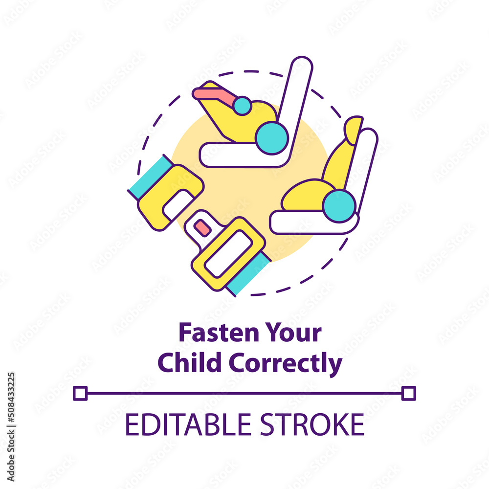 Fasten your child correctly concept icon. Trip with toddlers recommendation abstract idea thin line illustration. Isolated outline drawing. Editable stroke. Arial, Myriad Pro-Bold fonts used Fasten your child correctly concept icon. Trip with toddlers recommendation abstract idea thin line illustration. Isolated outline drawing. Editable stroke. Arial, Myriad Pro-Bold fonts used