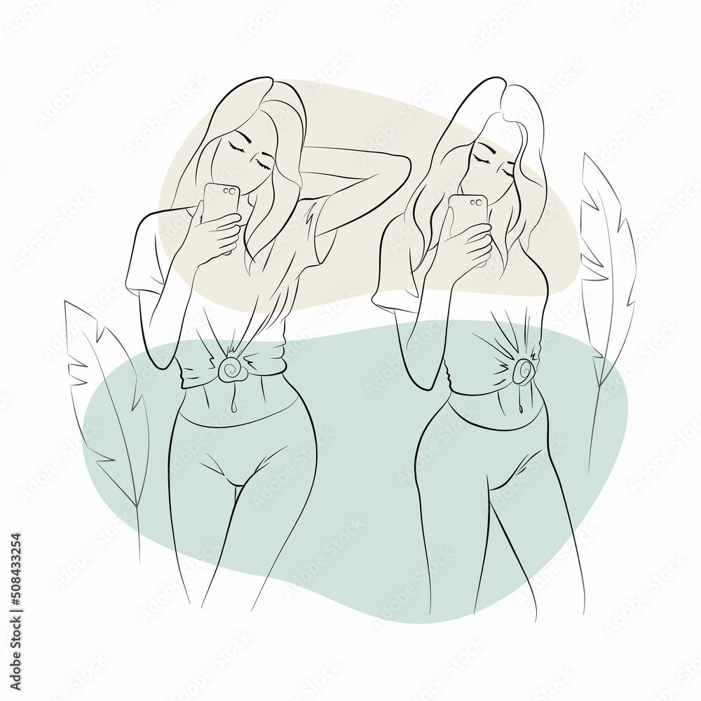 Vector illustration of a young woman taking a selfie with floral ornament and abstracts Vector illustration of a young woman taking a selfie with floral ornament and abstracts