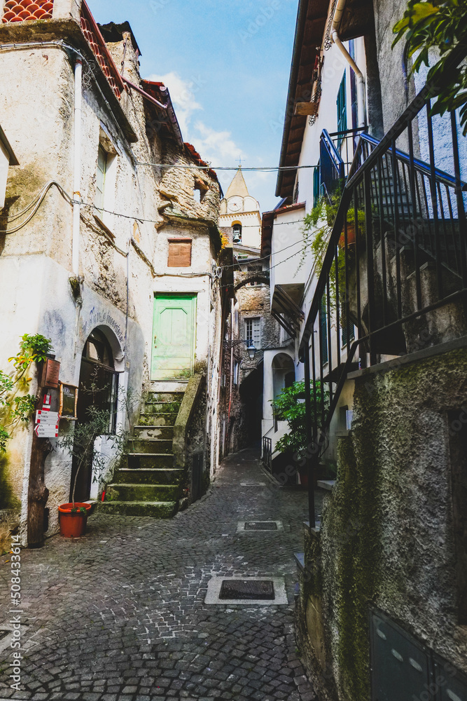 Urban view inside the medieval village of Rocchetta Nervina, Imperia - Italy