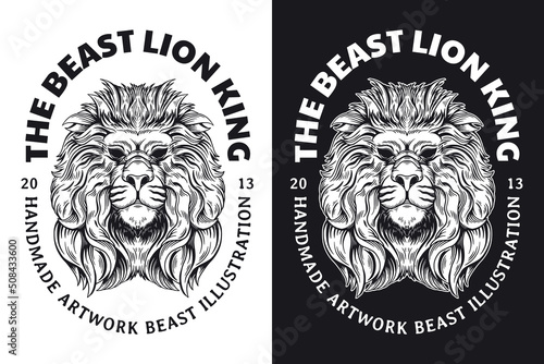 Set Animal Lion Beast Dark Art Hand drawn Hatching Outline Symbol Tattoo Merchandise T-shirt Merch vintage