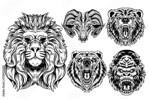 Set Animal Lion Bear Goat and Kong Beast Dark Art Hand drawn Hatching Outline Symbol Tattoo Merchandise T-shirt Merch vintage