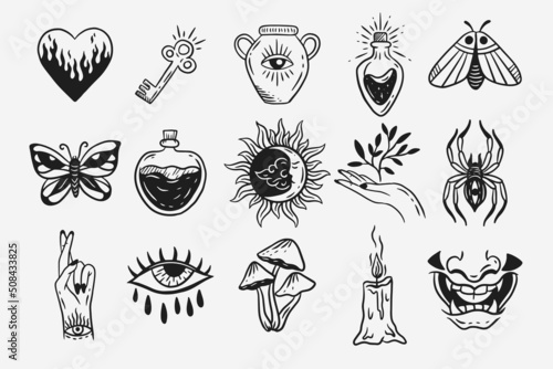 Set Collection Mystical Celestial Dark Holy Simple Minimalism Tattoo Clipart Symbol space doodle Esoteric elements vintage illustration