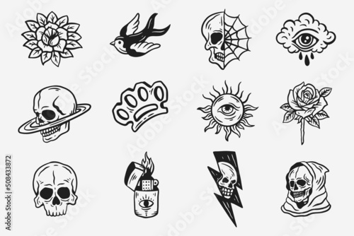 Set Collection Mystical Celestial Dark Holy Simple Minimalism Tattoo Clipart Symbol space doodle Esoteric elements vintage illustration