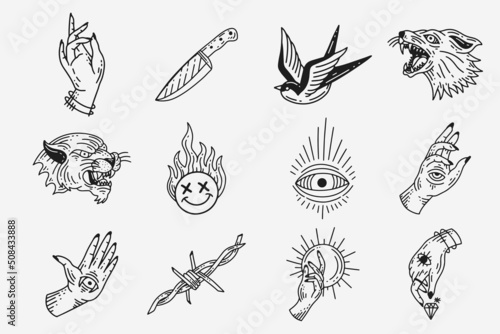 Set Collection Mystical Celestial Dark Holy Simple Minimalism Tattoo Clipart Symbol space doodle Esoteric elements vintage illustration