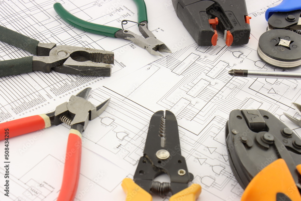 Tools for installing an electrical control panel in close-up on an ...