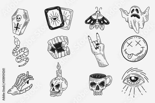 Set Collection Mystical Celestial Dark Holy Simple Minimalism Tattoo Clipart Symbol space doodle Esoteric elements vintage illustration