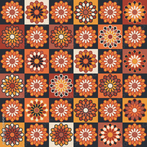 Handicraft crochet illustration. Vintage vector seamless surface pattern design. Patchwork craft modern textile print in retro style. Cottagecore aesthetic