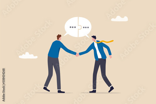 Foto Success communicate, discussion or interview, achieve business agreement, solution or partnership deal, perfect match connection concept, businessmen handshake with connect speech bubble jigsaw