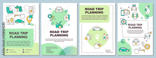 Road trip planning green brochure template. Car tourism. Leaflet design with linear icons. Editable 4 vector layouts for presentation, annual reports. Arial-Black, Myriad Pro-Regular fonts used