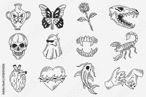 Set Collection Mystical Celestial Dark Holy Simple Minimalism Tattoo Clipart Symbol space doodle Esoteric elements vintage illustration