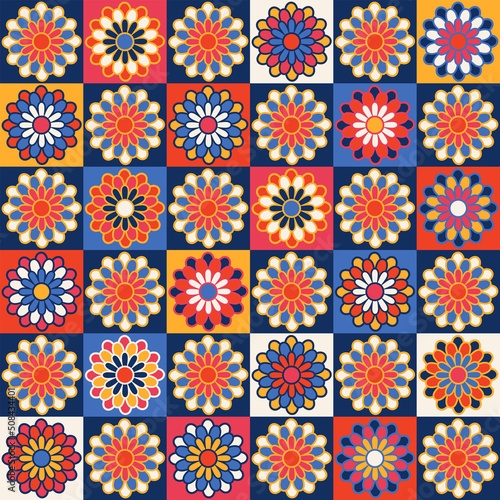 Handicraft crochet illustration. Vintage vector seamless surface pattern design. Patchwork craft modern textile print in retro style. Cottagecore aesthetic