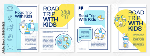 Road trip with kids blue and yellow brochure template. Car travel. Leaflet design with linear icons. Editable 4 vector layouts for presentation, annual reports.Questrial, Lato-Regular fonts used