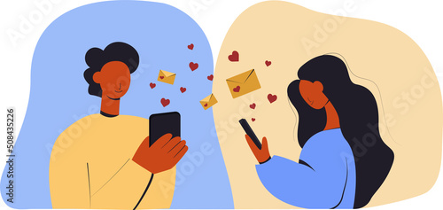 Virtual love. Online dating and social networking, virtual relationships concept .Male and female chatting on the Internet. Vector 3d isometric illustration.