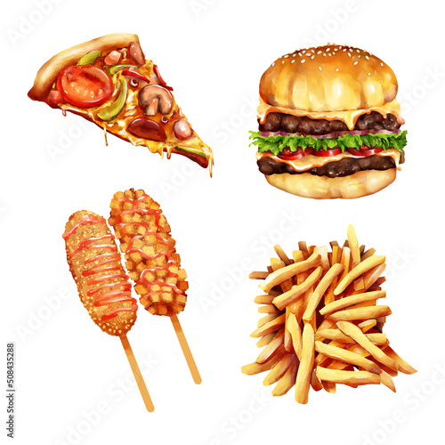 Set of junk food pizza burger french fries corndog watercolor vector illustration isolate on white