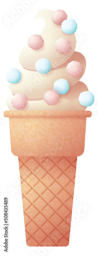 Waffle cone soft ice cream swirl. Cartoon dessert