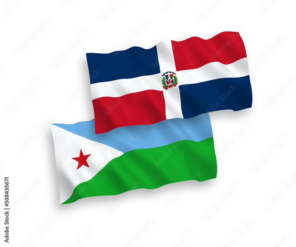 Fototapeta premium National vector fabric wave flags of Dominican Republic and Republic of Djibouti isolated on white background. 1 to 2 proportion.