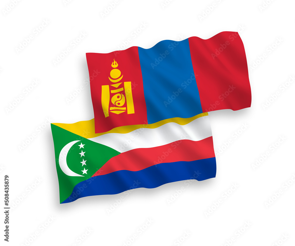 National vector fabric wave flags of Union of the Comoros and Mongolia isolated on white background. 1 to 2 proportion.