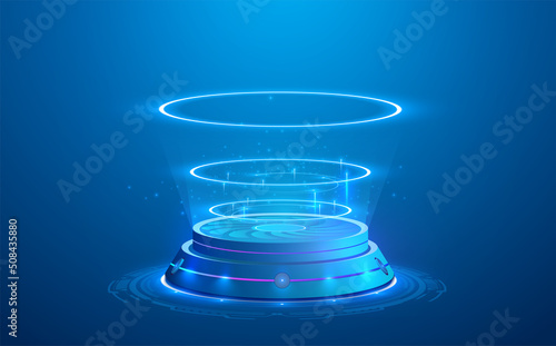 Circle portal, teleport, hologram gadget. Blank display, stage or magic portal, podium for show product in futuristic cyberpunk style in isolated on blue background. Layout, template for your product.