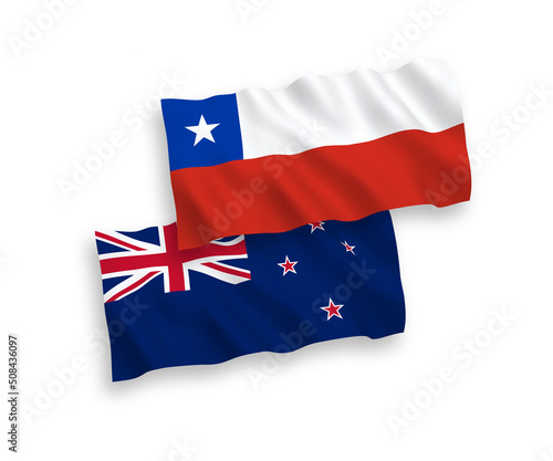 National vector fabric wave flags of New Zealand and Chile isolated on white background. 1 to 2 proportion.