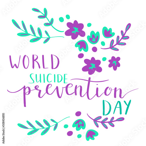 world suicide prevention day hand lettering vector illustration. Teal and purple colors