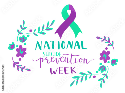 national suicide prevention week hand lettering vector illustration. Teal and purple colors