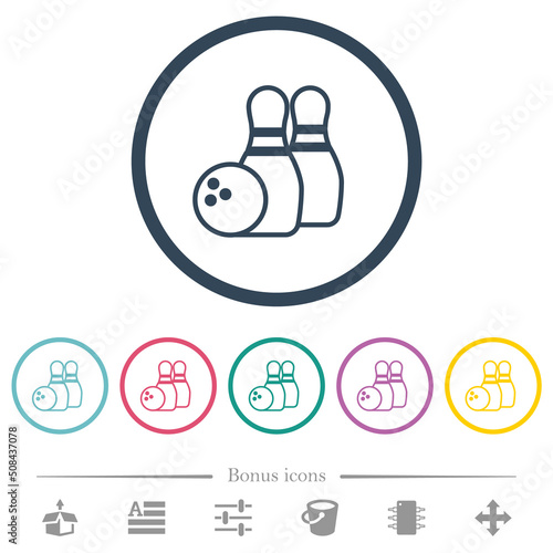 Bowling outline flat color icons in round outlines
