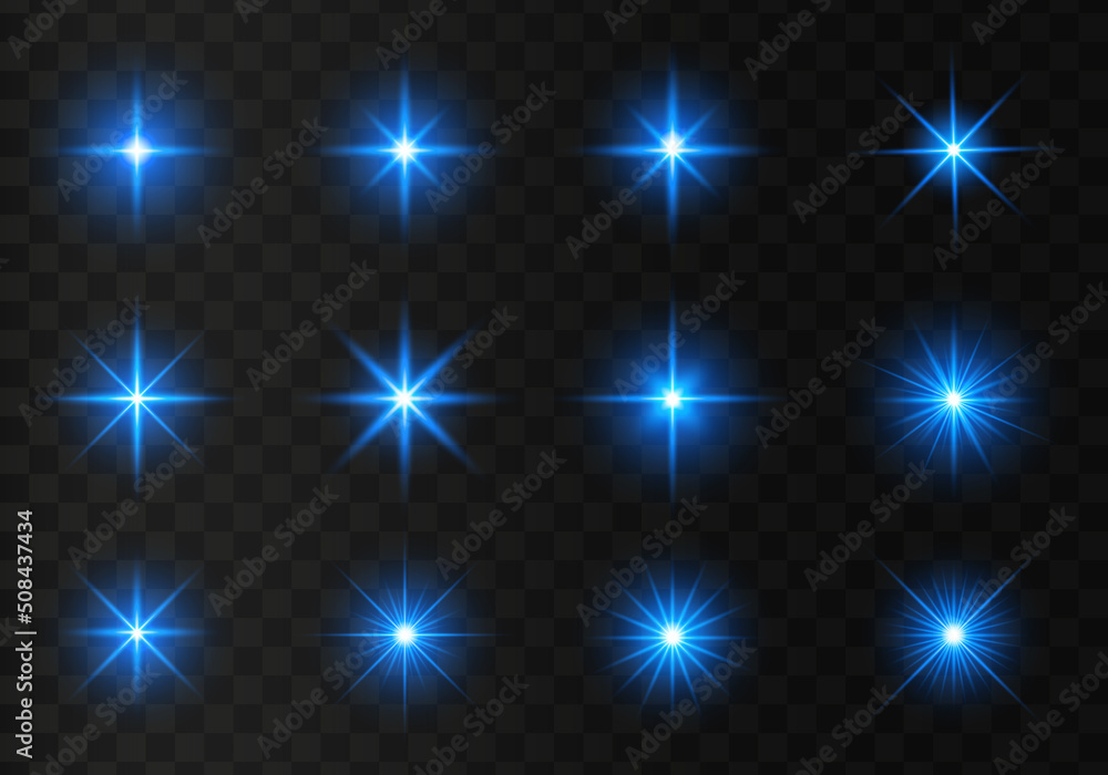 Set of glowing light stars on a transparent background. Transparent shining sun, star explodes and bright flash. Blue bright illustration starburst. Set of glowing light stars on a transparent background. Transparent shining sun, star explodes and bright flash. Blue bright illustration starburst.