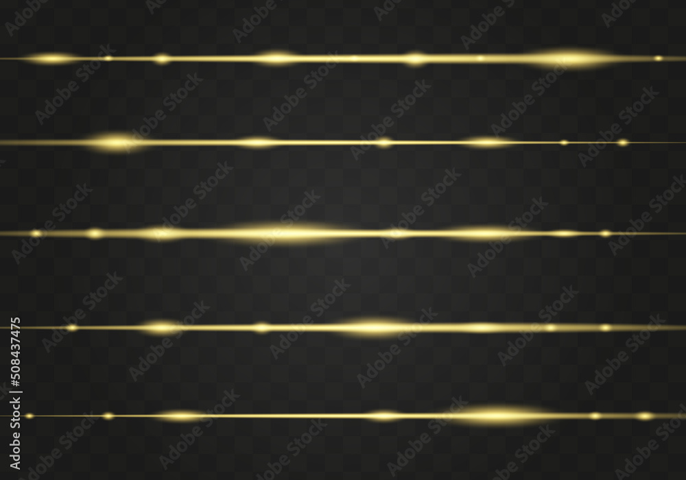 Set of gold horizontal lens flares pack. Abstract light flares, laser beams, sparkling lined, horizontal light rays. Vector illustration.