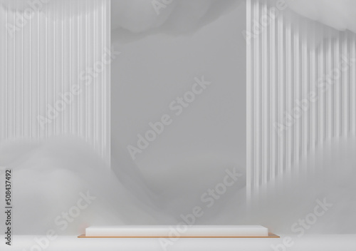 Pedestal and Delicate fluffy clouds, white soapy foam. 3d render illustration. Podium for brand promotion product. White gray background for cosmetic presentation. Stand base mockup