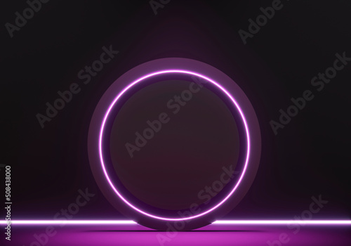 Dark neon light and pedestal, podium, stand. Exhibition space for branded products, goods. Glow violet decor for Luxury royal ads design. 3d render illustration. Club promotion party poster 