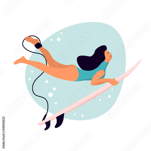 Surf girl minimalistic vector illustration. Flat style digital art. Young woman with surfboard making duck dive under the wave