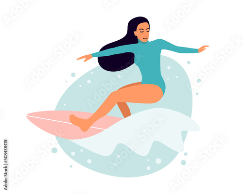 Surf girl minimalistic vector illustration. Flat style digital art. Young woman riding surfboard in full growth, macking backside bottom turn