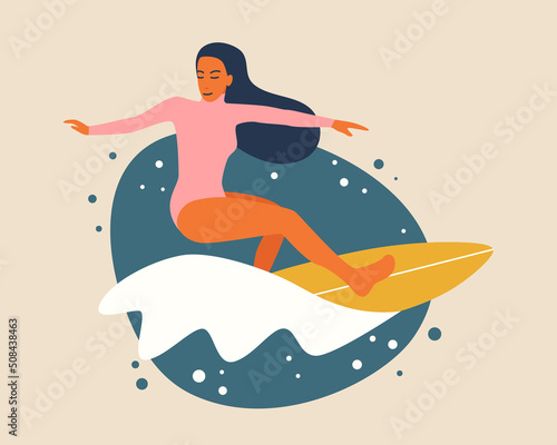 Surf girl minimalistic vector illustration. Flat style digital art. Young woman riding surfboard in full growth, macking backside bottom turn
